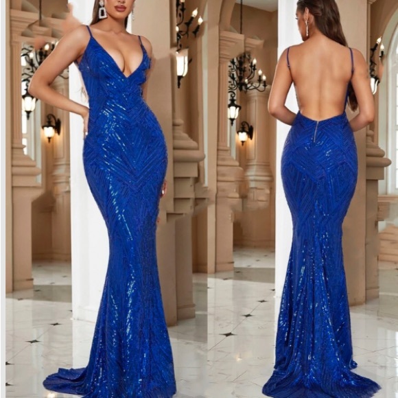 Luxe mermaid hem backless party formal wedding sequin gown dress - Picture 10 of 14